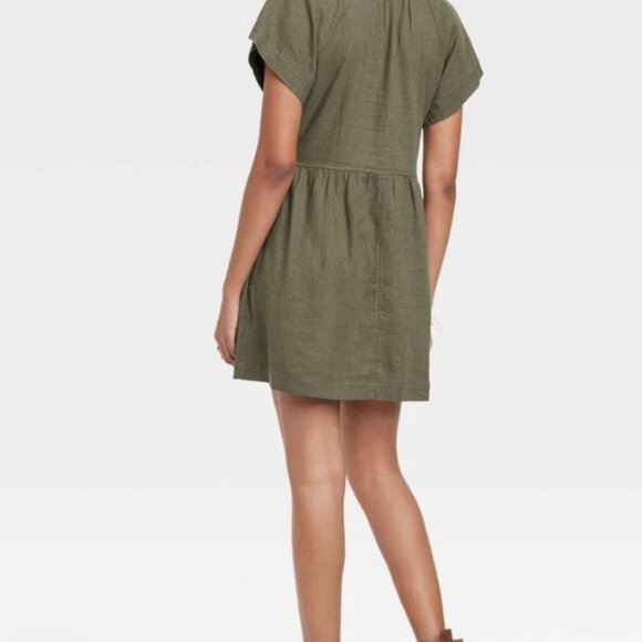 NWT Universal Thread Short Sleeve Mini Linen Olive Shift Dress - Picture 2 of 4